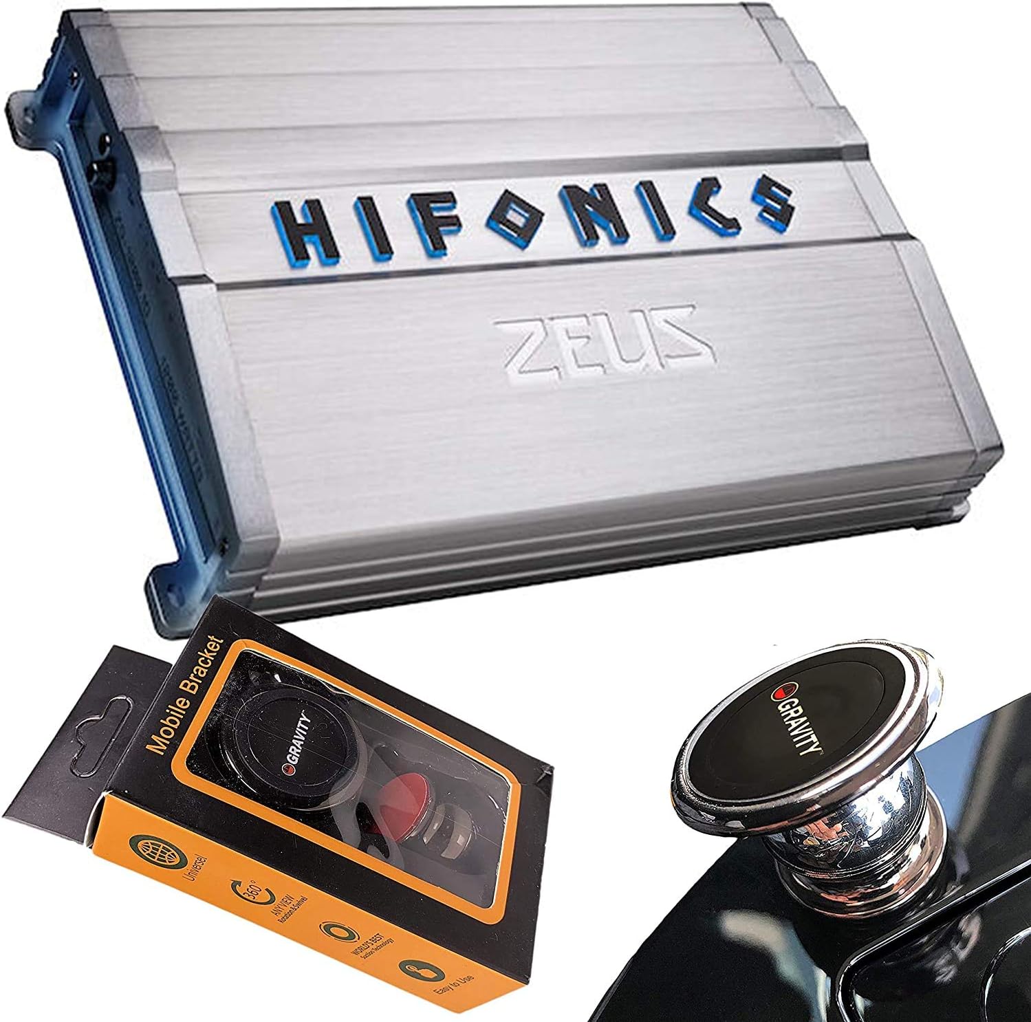 Hifonics ZG-1200.1D 1200 Watts Zeus Gamma Mono Subwoofer Car Audio Amplifier with Gravity Magnet Phone Holder Bundle