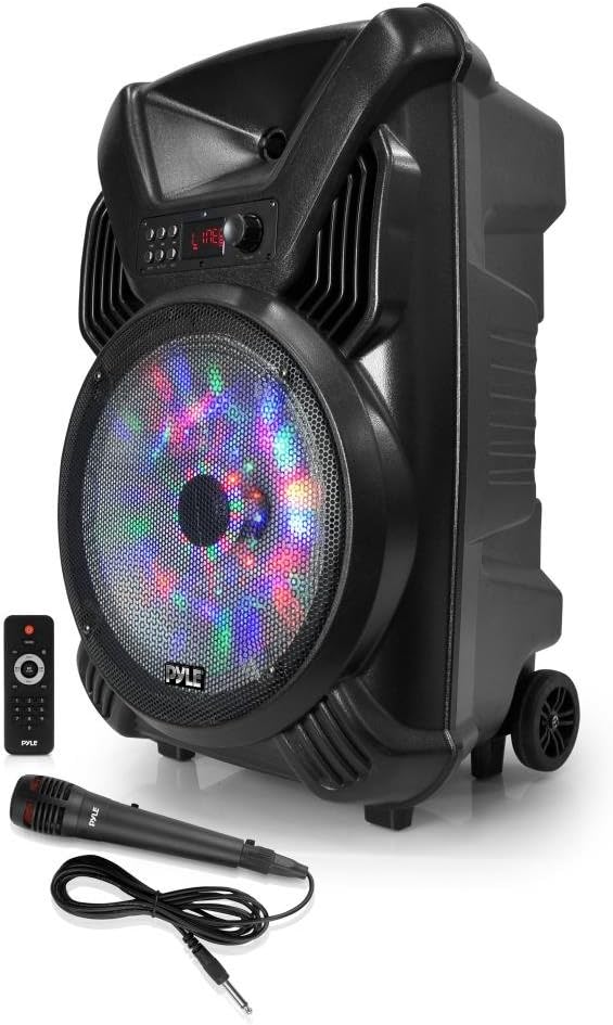 Pyle Portable Karaoke Sound System, Bluetooth Wireless Streaming, USB Micro SD Card Reader, Stereo Speaker, Rechargeable Battery, Dancing LED Party Lights (PPHP126WMU), Black
