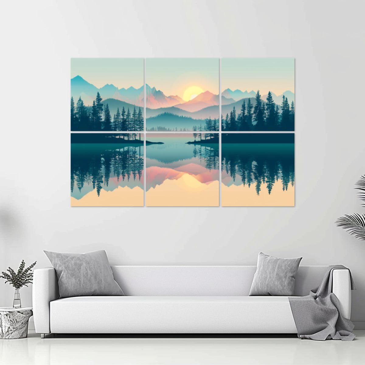 6 Pack Art Acoustic Panels Tranquil Sunrise Over Pastel Mountain Forest Soundproof Wall Panels, 48