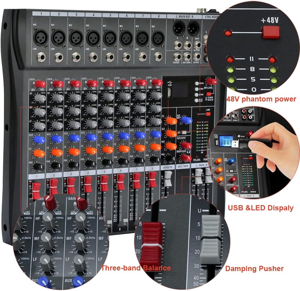 Professional Sound Board Console System 8-Channel Sound Mixing Board USB Pro Studio DJ Sound Controller Voice Mixing Sound Mixing Console Music Recording Equipment for Stage Performance Bar Home Party