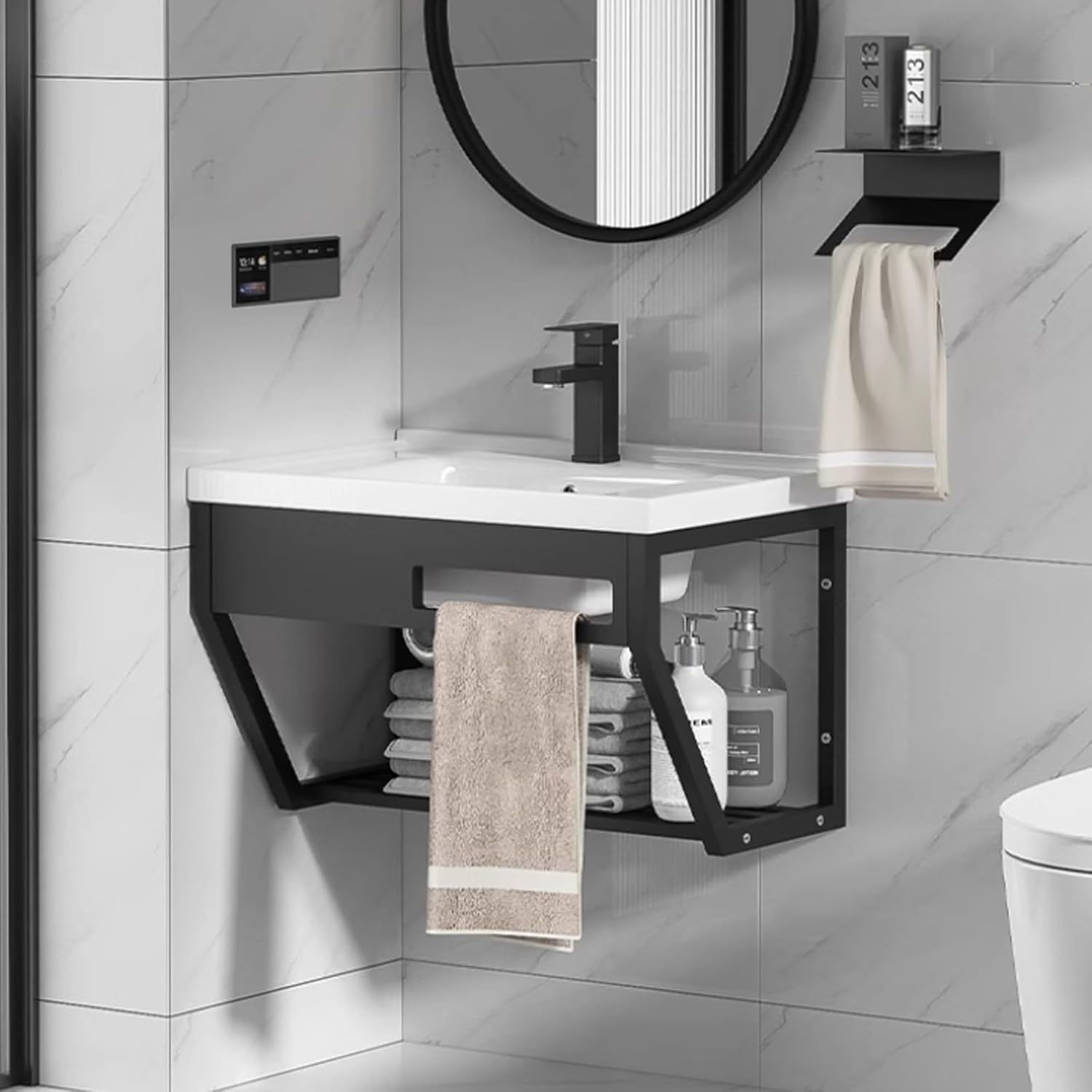 Bathroom Vessel Sink, Small Wall Mount Corner Sink, Corner Bathroom Vanity Cabinet and Sink with Storage Rack with Cold and Hot Water Pipe Fauc