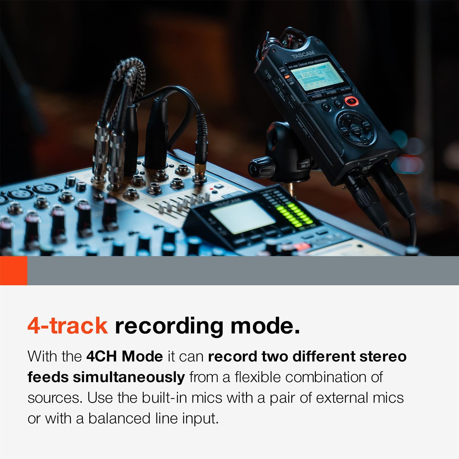 TASCAM DR-40X 4-Track Portable Handheld Field Recorder — 2 XLR/TRS Inputs, USB Audio Interface, Dual Adjustable Microphones for Stereo Recording of Music, Audio for Video and Podcasting