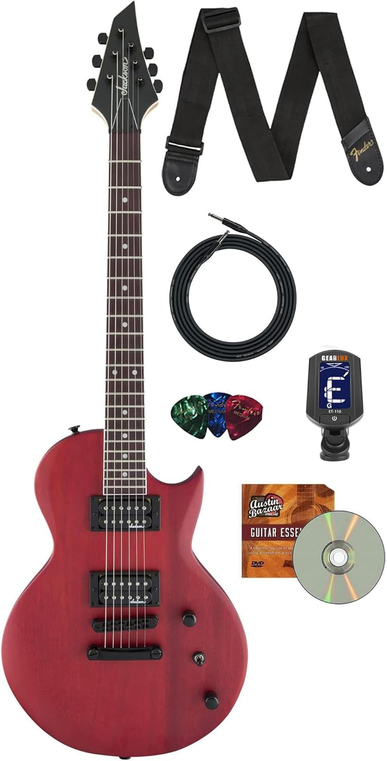 Jackson JS Series Monarkh SC JS22 Electric Guitar Red Stain Bundle with Instrument Cable, Strap, Clip-on Tuner, Picks, and Austin Bazaar Instructional DVD