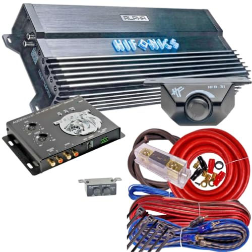 Hifonics Alpha A1200.1D 1200W Super D-Class Mono Car Amplifier with BGC4AR Amp Kit & Audiobank AP14, Bass Remote Included