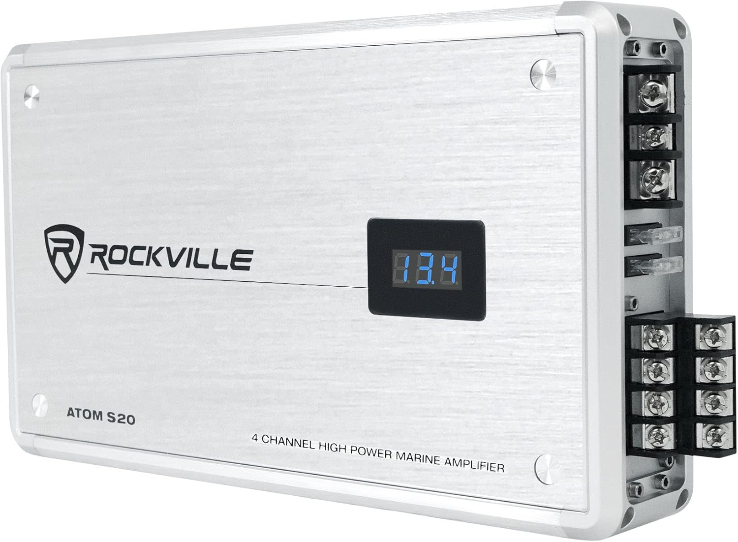Rockville Atom S20 1600W 4-Channel Marine Amplifier with Bluetooth, PA Mic, Class AB, Adjustable Crossover, Rustproof, for Boats and Marine Sound Systems