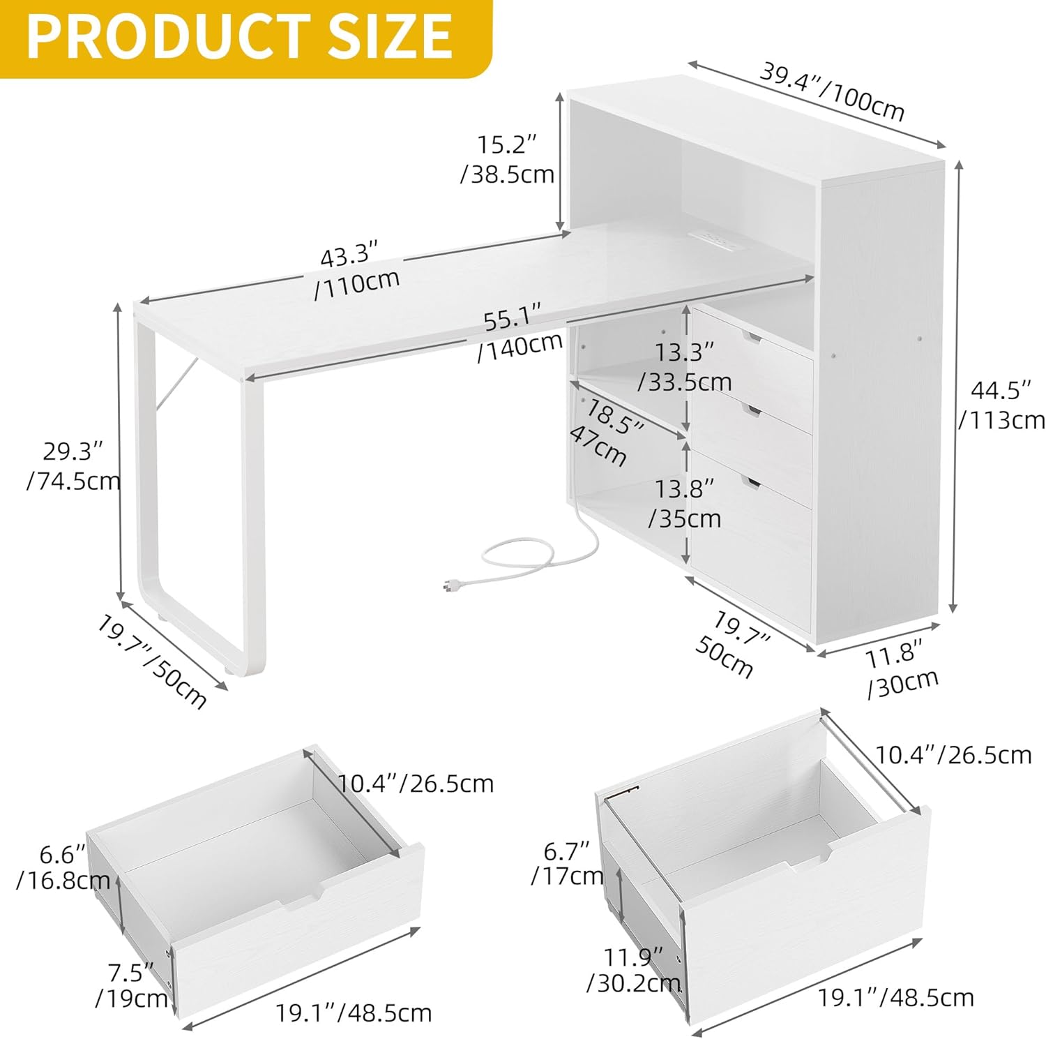 DWVO L Shaped Desk with Drawers, 55