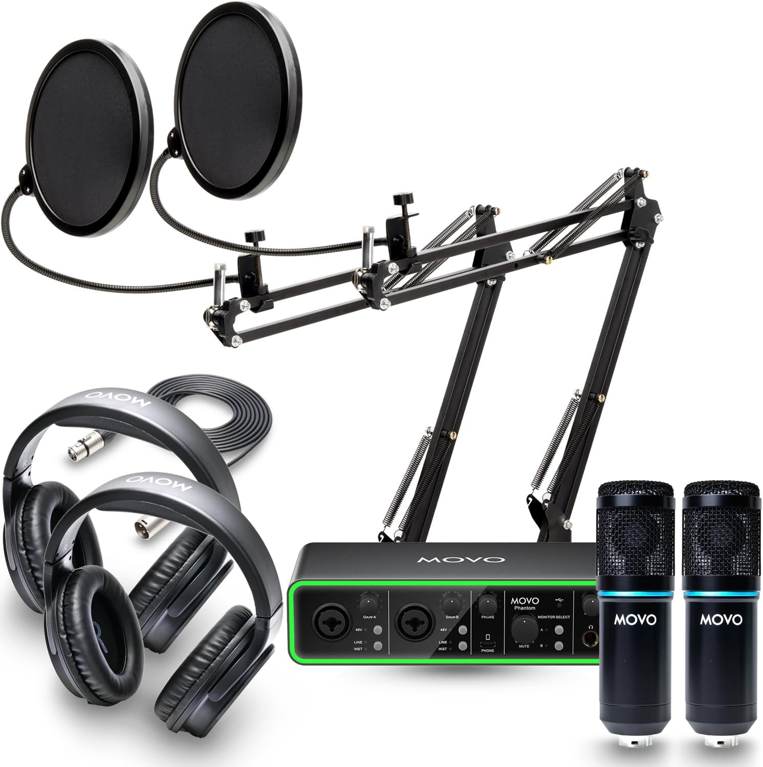 Movo PodKit2AH Podcast Equipment Bundle for 2 Condenser Microphone Kit with MDX-1 2x2 USB-C Audio Interface and Articulating Scissor Arm Mic Stand (with Headphones)