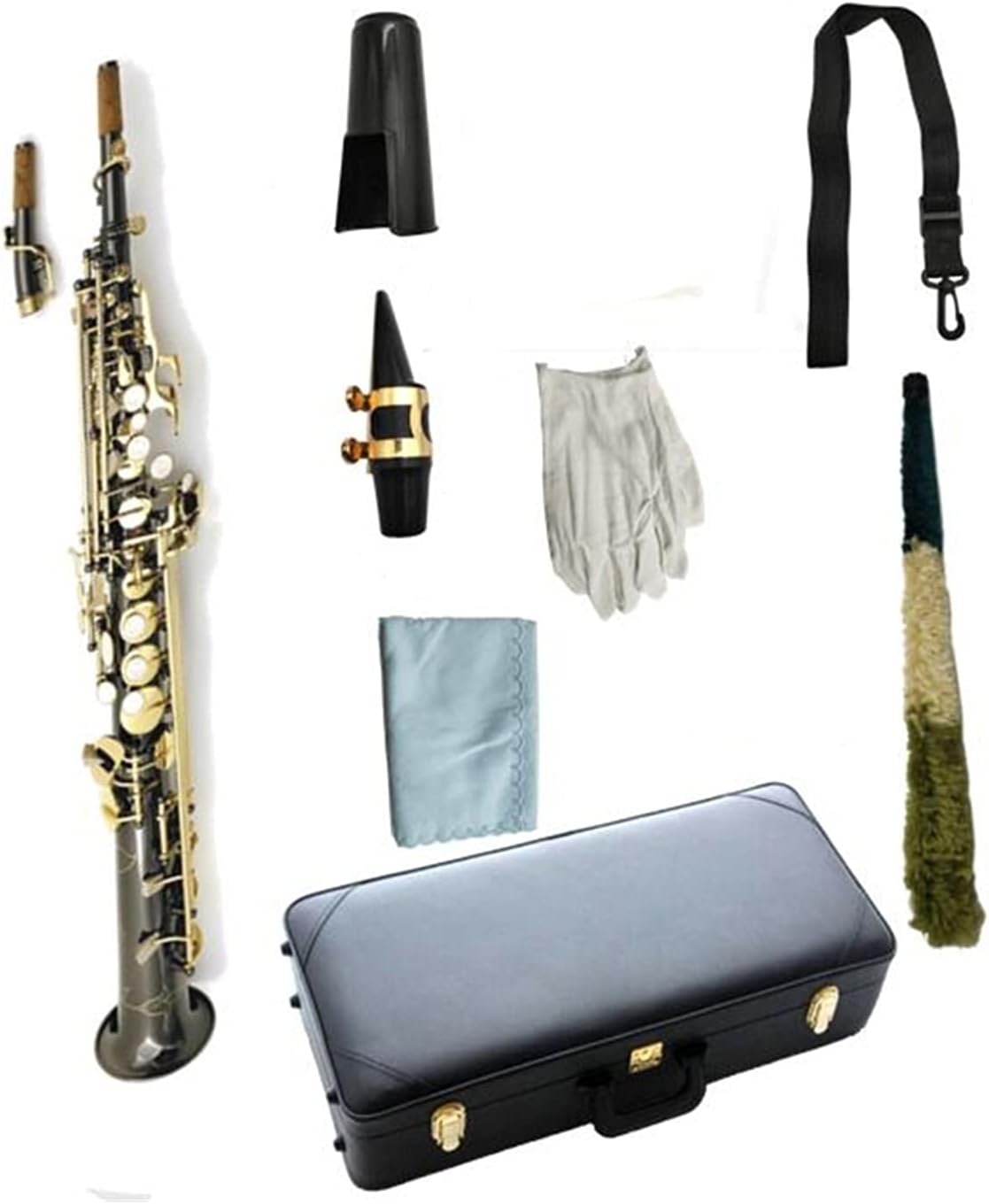 Saxophone Set Soprano Saxophone B Flat Black Nickel Plated Wind Instrument with Mouthpiece Gold Key Case Student Saxophone