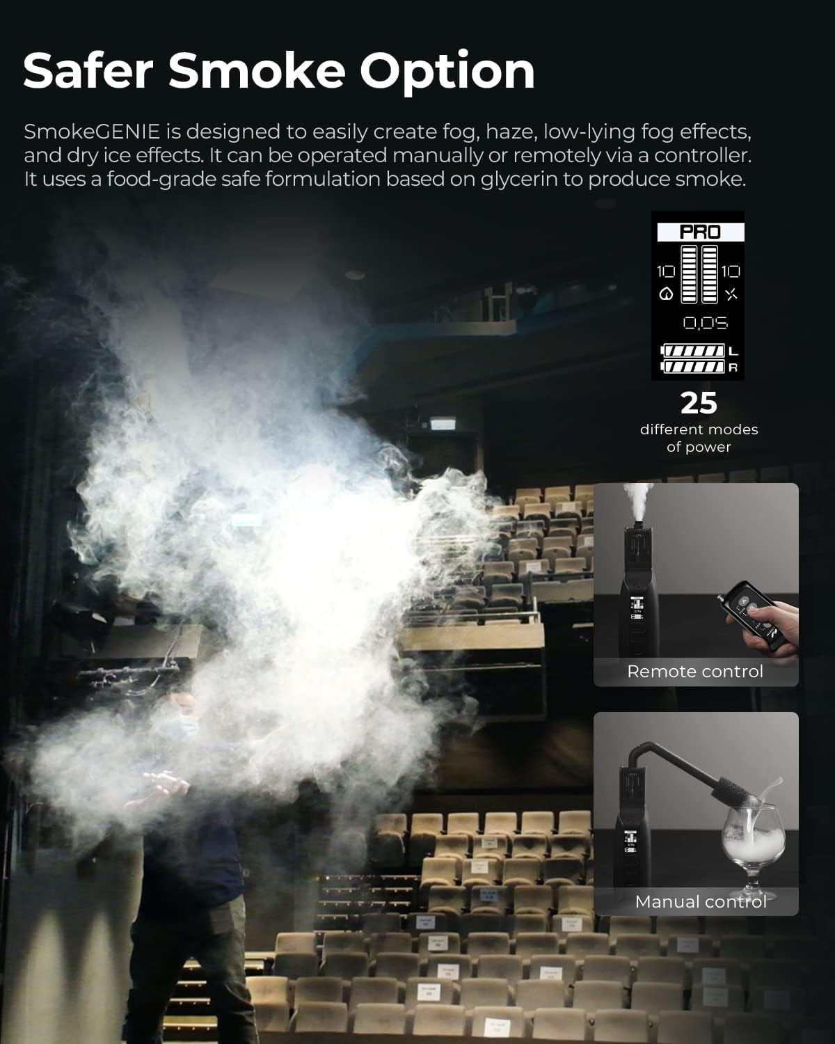 PMI SmokeGENIE Mini Smoke Machine, 500CFM Mist Power, Food Safe Formula, with Remote Control, Haze Fan, Multiple Adapters for Different Smoke Effects