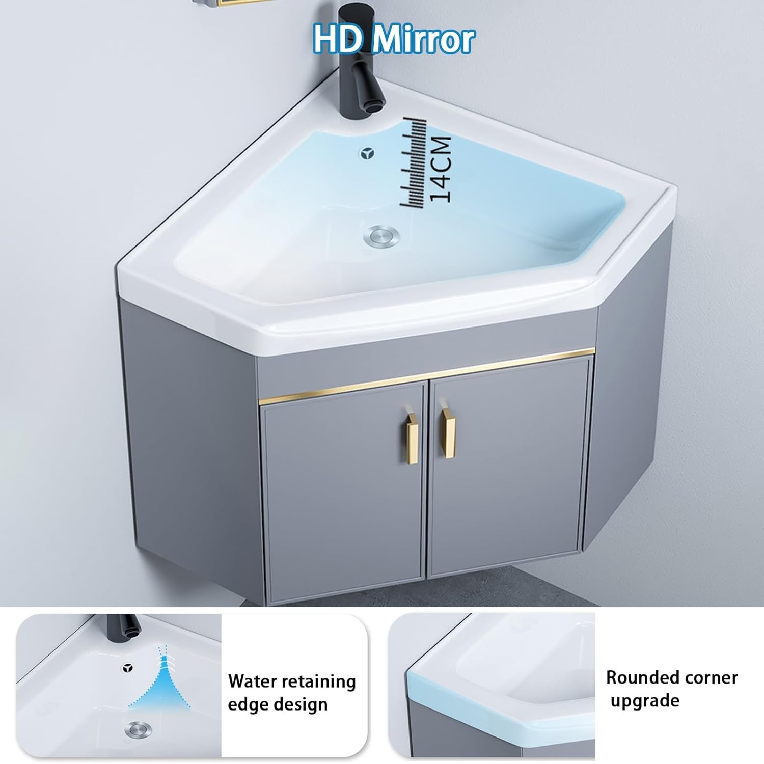 Corner Wall Mount Bathroom Sink, Corner Bathroom Vanity, Ceramic Corner Sink, Bathroom Sink Cabinets with Storage Container and Mirror Cabinet, for Toilet Cloakroom(43cm/16.9in)