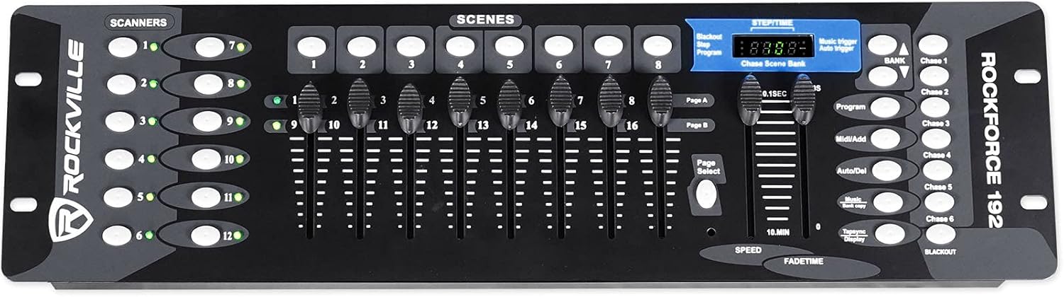 Rockville Stage Matrix 36 Bundle: (2) RGB 6x6 Tri-Colored Matrix Blinder Lights for DJ, Stage, and Band, ROCKFORCE 192-Channel DMX Lighting Controller, 3-Items