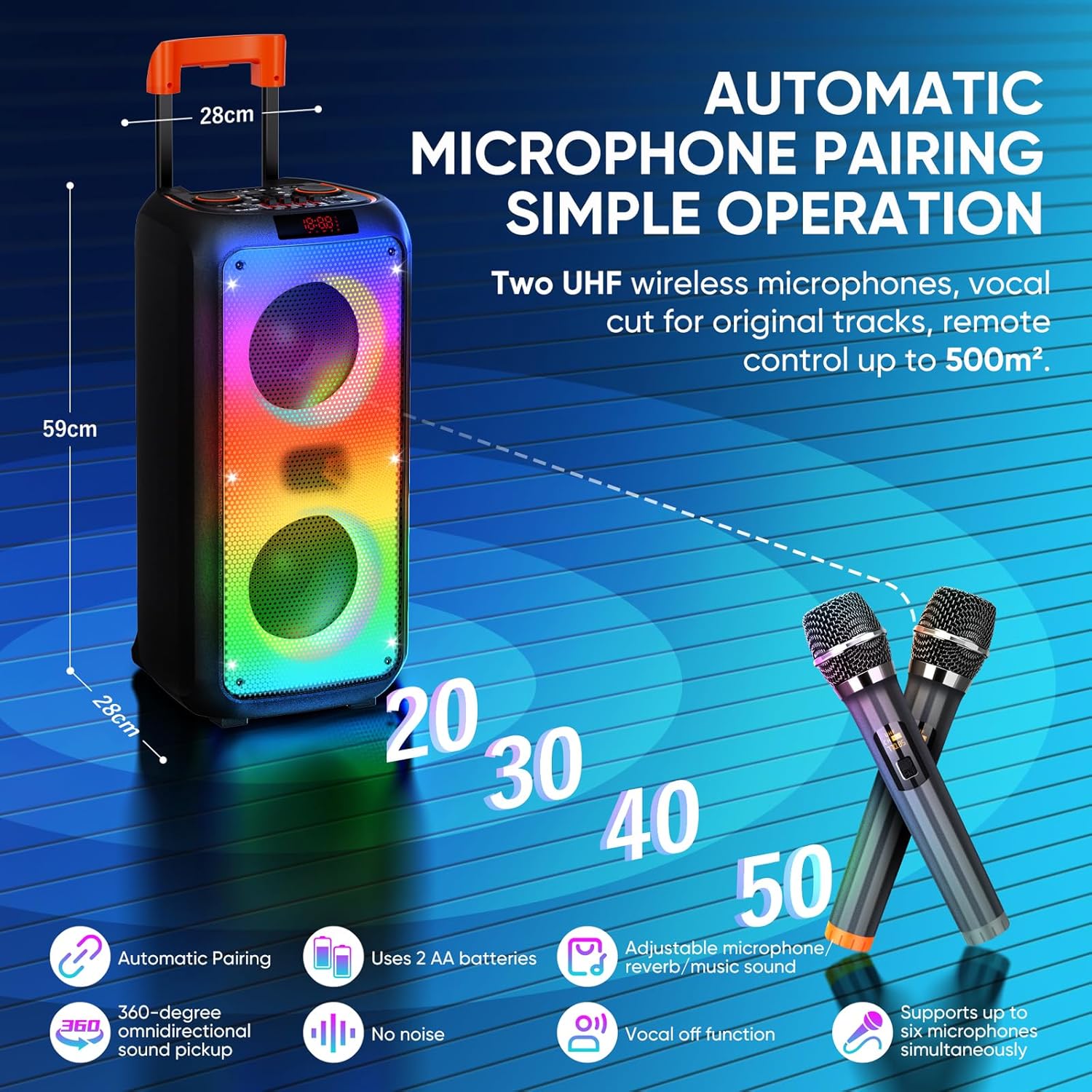 Karaoke Machine for Adults, Portable PA System Karaoke Machine Party Speaker with 2 Microphones, Supporting TF/USB/AUX, TWS & LED Mode (Black)