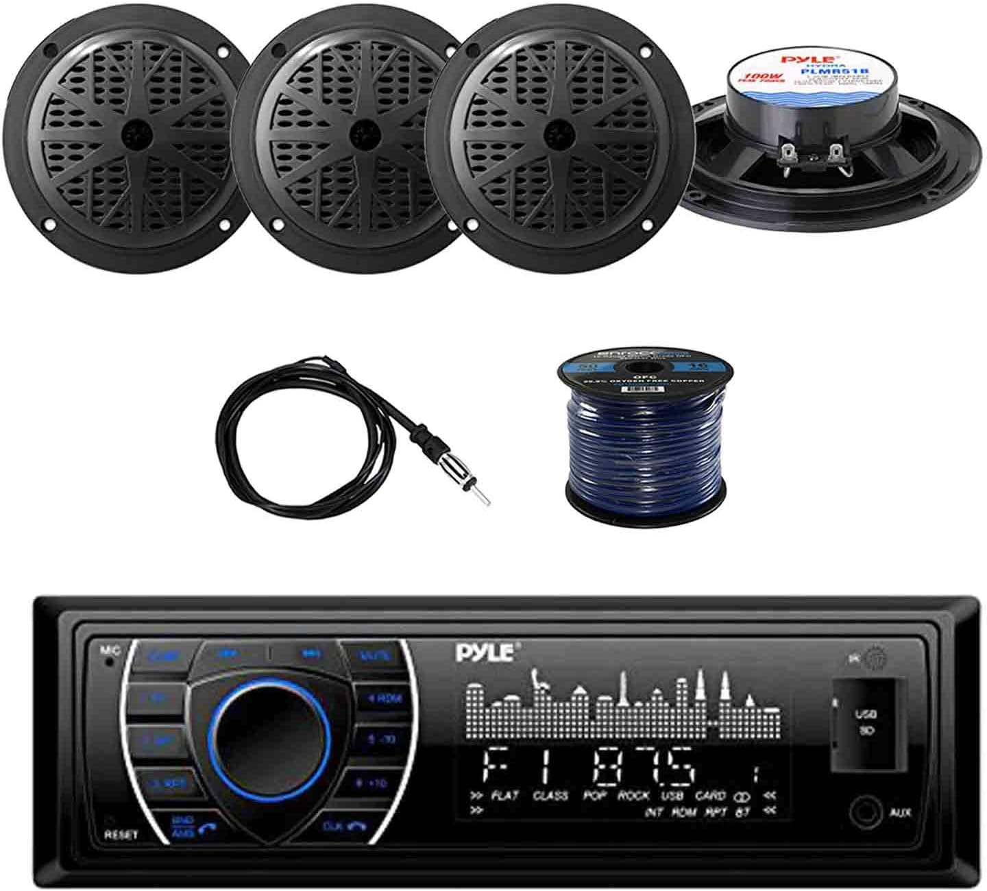 PYLE PLRMR27BTB Marine Bluetooth Receiver Stereo(Black) w/Pyle 100W 5.25'' 2-Way Marine Speakers(2-Pairs), Enrock Marine Antenna & Enrock Marine 50' 16G Speaker Wire