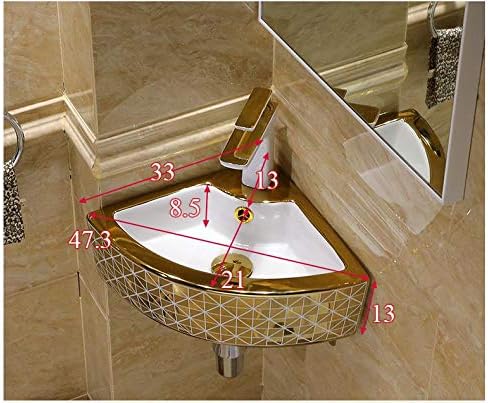 Ceramic Golden White Color Corner Wall Mount Bathroom Sink White Ceramic With Center Faucet Hole And Overflow 13 x 13 x 5.5 Inch