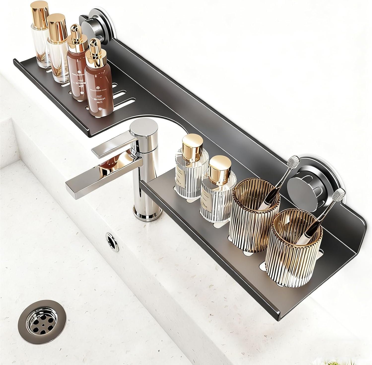 Strong Suction Cup Holder, No Drill Wall Mount Shelf for Bathroom Sink, Adhesive Vanity Organizer for Soap Dispenser, Toothbrush, Lotions,60cm