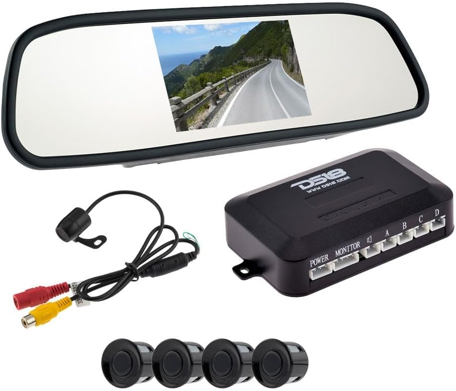 DS18 PRKMC5 Car Reverse Backup Radar with 4 Parking Sensors, Reverse Camera and Mirror Display