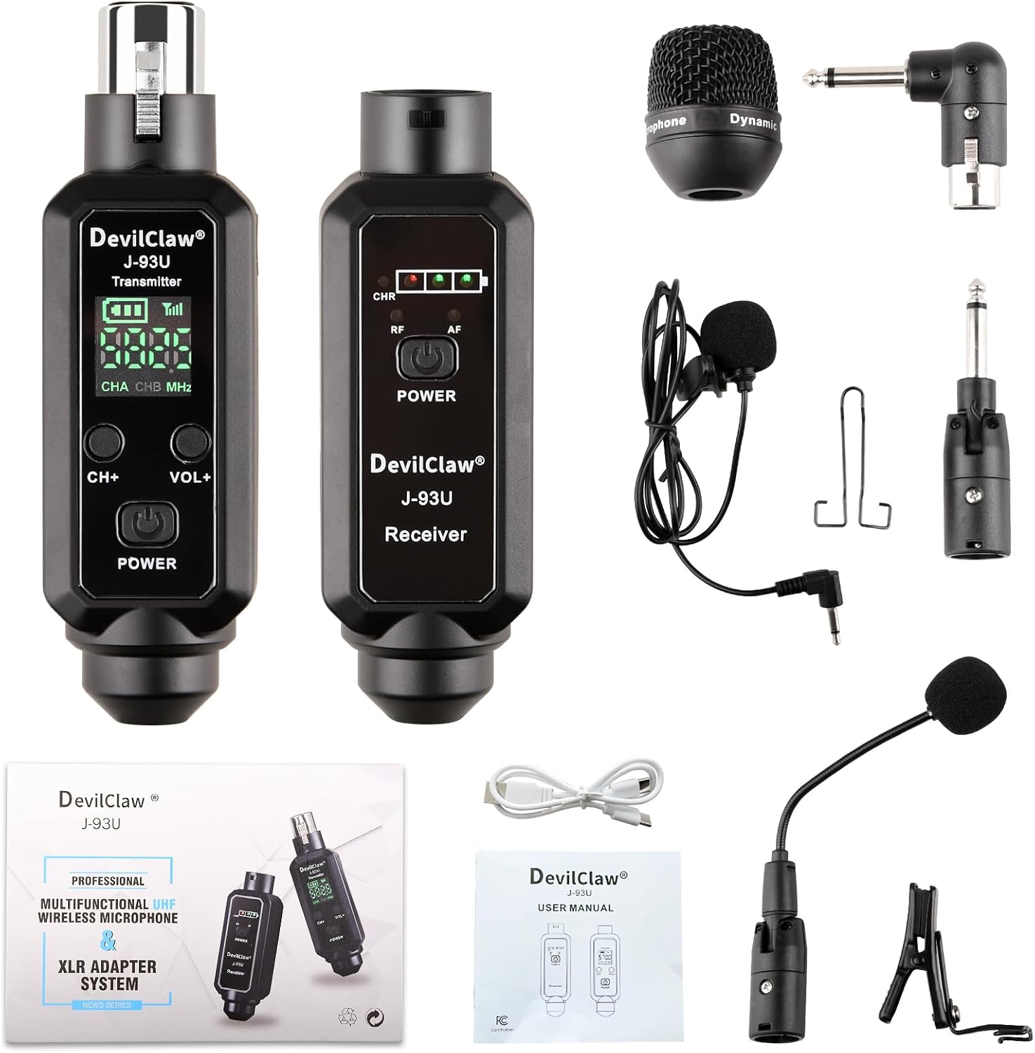 Multifunctional UHF Wireless XLR Adapter System,Transmitter & Receiver for Dynamic Microphones Guitar Mixer PA System, 16 Adjustable Frequencies, USB Charge, 250ft Range