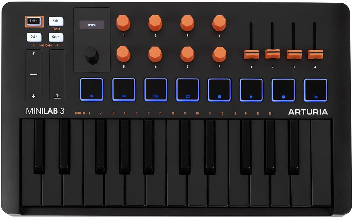 Arturia MiniLab 3 - Universal MIDI Controller for Music Production, with All-in-One Software Package - 25 Keys, 8 Multi-Color Pads - White (MiniLab 3 Only, Black/Orange)