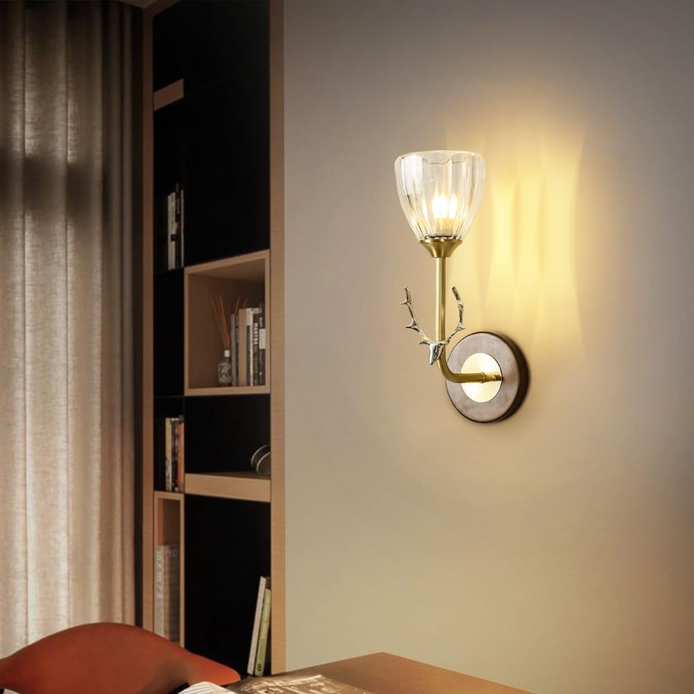 Vintage Wood Indoor Wall Sconce, Modern Gold Wall Light Fixture with Clear Glass Shade, Antler Decor Wall Mount Light for Living Room Bedside Bedroom Hallway Home Decor