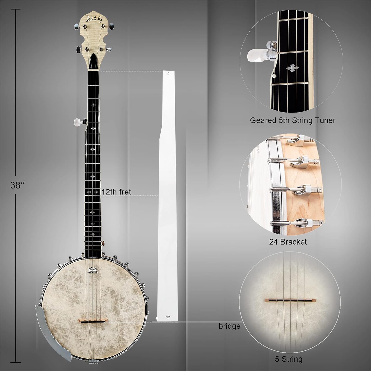 Mulucky 5 String Banjo - Full Size with 24 Brackets, Open Back, Maple Banjo with Remo Head, Geared 5th Tuner, Gift Package with Beginner Kit - B1102