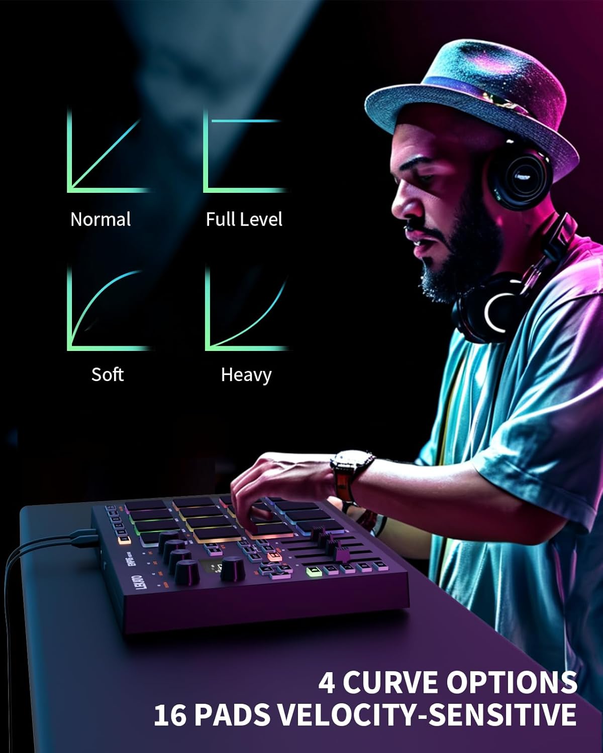 LEKATO MIDI Controller Pad Bluetooth Beat Maker Machine Drum Pad with 16 RGB Beat Pads and 4 Assignable Knobs and Faders, Plug & Play on iPad, iPhone, Mac, PC