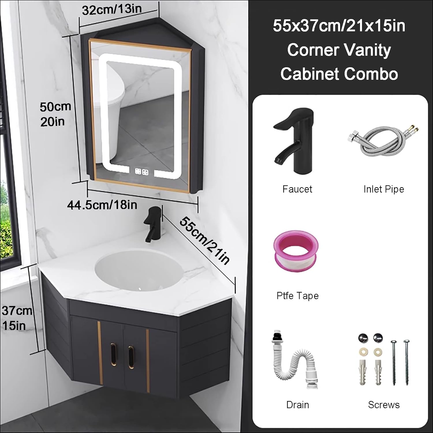 Small Corner Bathroom Vanity Cabinet with Sink and Mirror Cabinet, LED Mirror w/ Anti-fog, Wall Mounted Utility Washing Hand Basin Design, Laundry Tub Sink Combo for Home Kitchen Patio Room ( Size : S