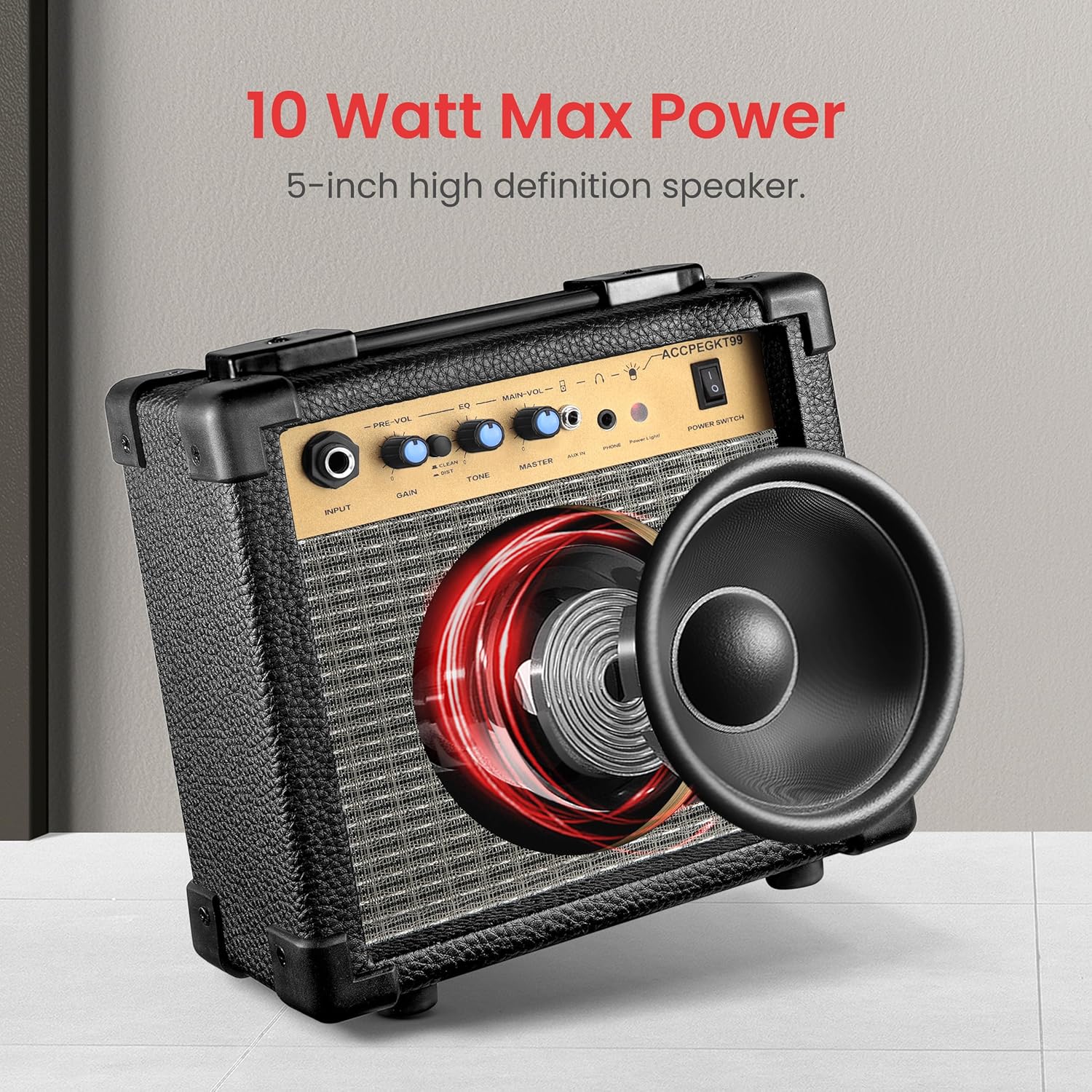 Portable Mini Electric Guitar Amp - 10 Watt Practice Instrument Amplifier w/ 5