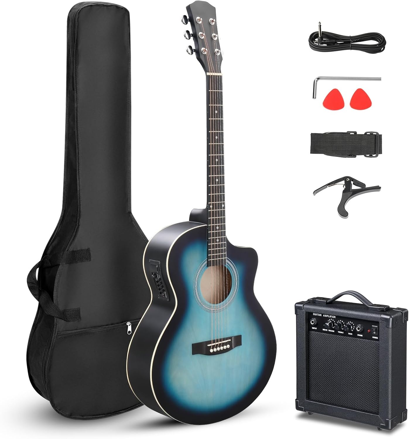 Ktaxon Full-Size Cutaway Acoustic Electric Guitar, 41 Inch Basswood Body Beginner Guitars Kit with 15W Amp, Extra Strings & Capo Includes All Accessories (Blue)