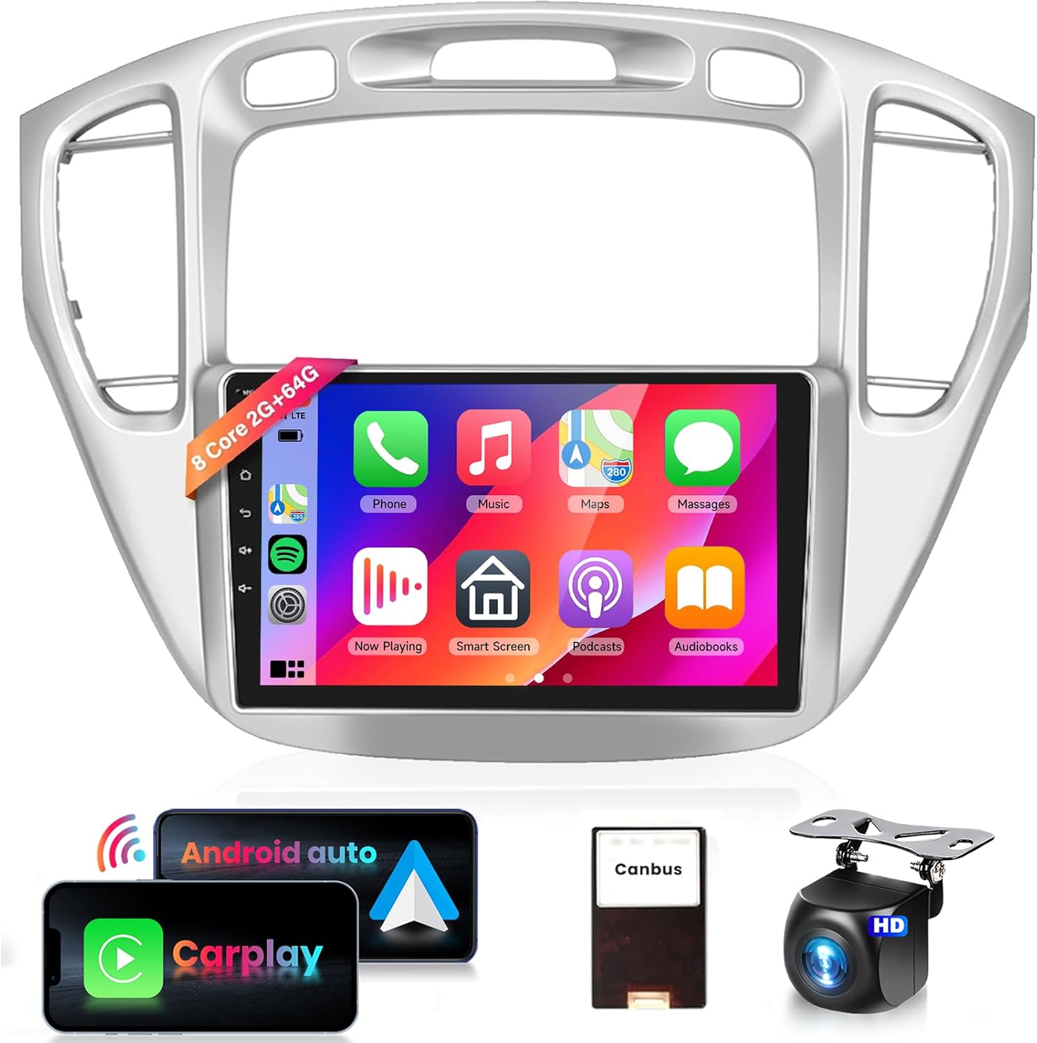 【DSP 46EQ】 8Core 2GB+64GB Android Car Stereo for Toyota Highlander 2000-2007 Radio,9inch 1280X720P HD QLED Touchscreen,Wireless A-ppIe Carplay Android Auto,5.0 Bluetooth,59UIs,WiFi,GPS,RDS/FM Radio