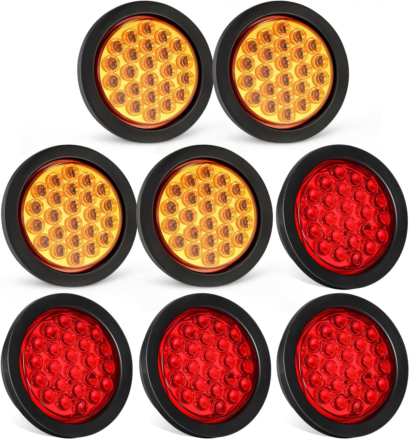 Partsam 4x 4 Inch Round Amber Strobe Lights 24 Diodes LED, 4Pcs 4 Inch Round LED Trailer Tail Lights Red 24LEDs Waterproof 12V Grommet Plug Included