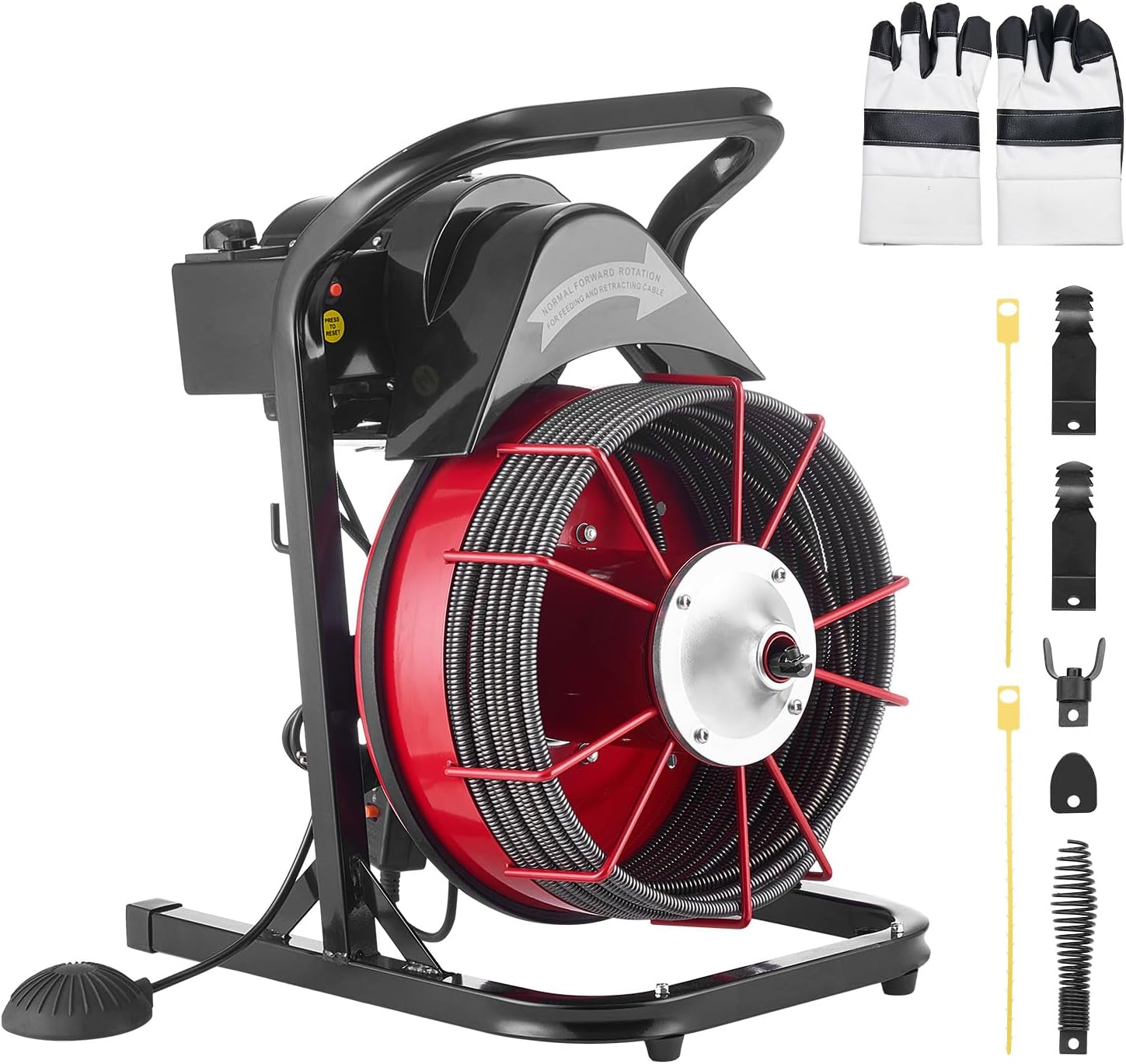 VEVOR Drain Cleaner Machine 50 FT x 1/2 Inch, Sewer Snake Auger Manual Feed with 4 Cutters & Air-activated Foot Switch for 2