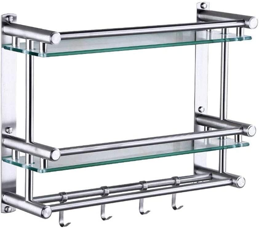 WOLWES SUS304 Stainless Steel Bathroom Glass Shelf with Towel Bar and Movable Hook Rustproof Wall Mount 40-50cm Punch Installation (Color : 2 Tiers, Size : 40cm)