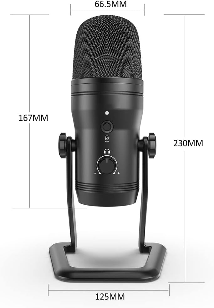 USB Recording Microphone, Computer Podcasting Microphone, Suitable for Four Voice Pickup Modes, Vocal and Game Microphones (Black 66.5 * 230mm)