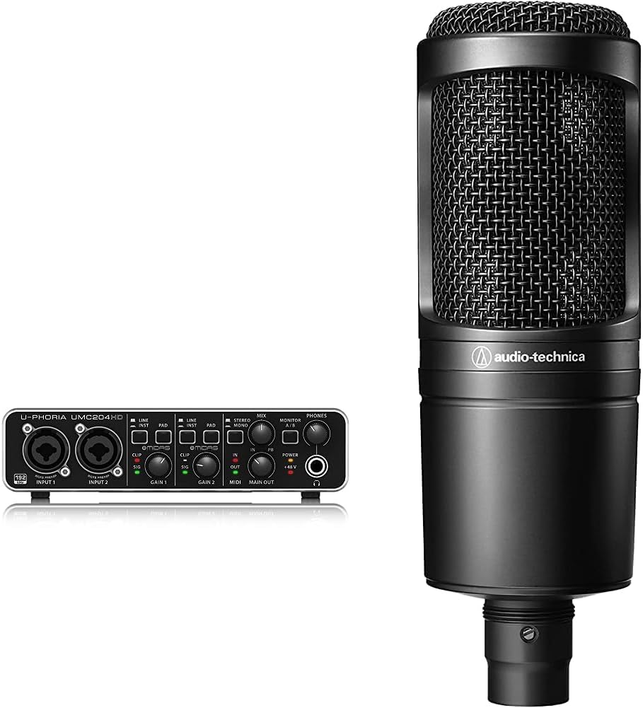 Behringer UMC204HD Audiophile 2x4 USB Audio Interface with Midas Preamps & Audio-Technica AT2020 Cardioid Condenser Studio XLR Microphone