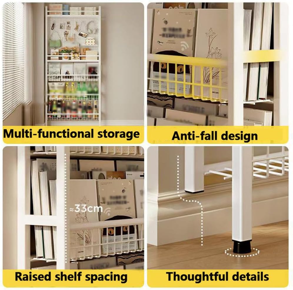 Narrow Behind Door Shelf Bookcase Multi-Purpose carbon steel material with DIY Pegboard Space-Saving Display Rack for Books Decor and Home Storage Solutions For Pantry Bedroom,52*12*188cm