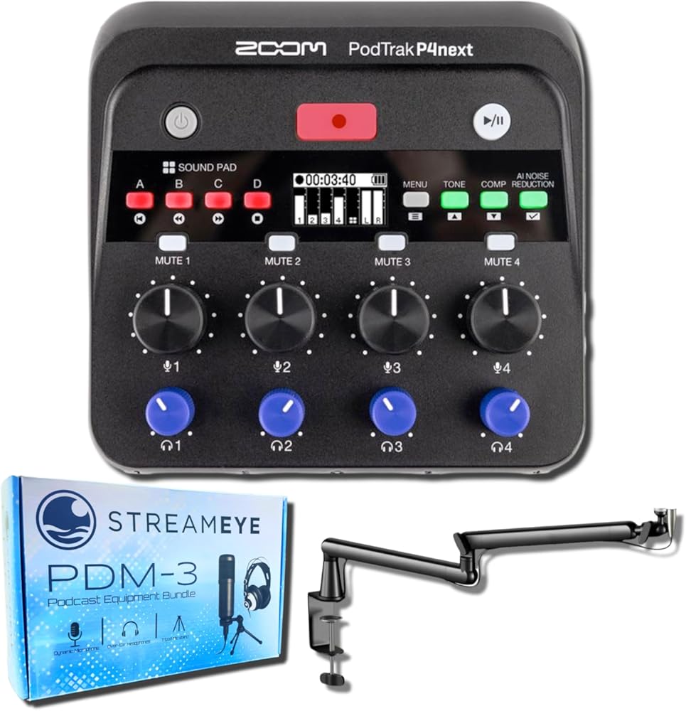 Zoom PodTrak P4next Audio Interface with StreamEye PDM-3 Podcast Equipment Bundle and LowPro Microphone Boom Arm