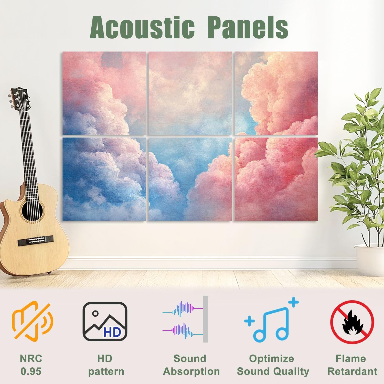 6 Pack Art Acoustic Panels Sound Absorbing Aesthetic Cloud Bright Blue Pink Sky Decorative Clouds Pastels Decorative Soundproof Wall Panels Self Adhesive for Recording Studios Office 72