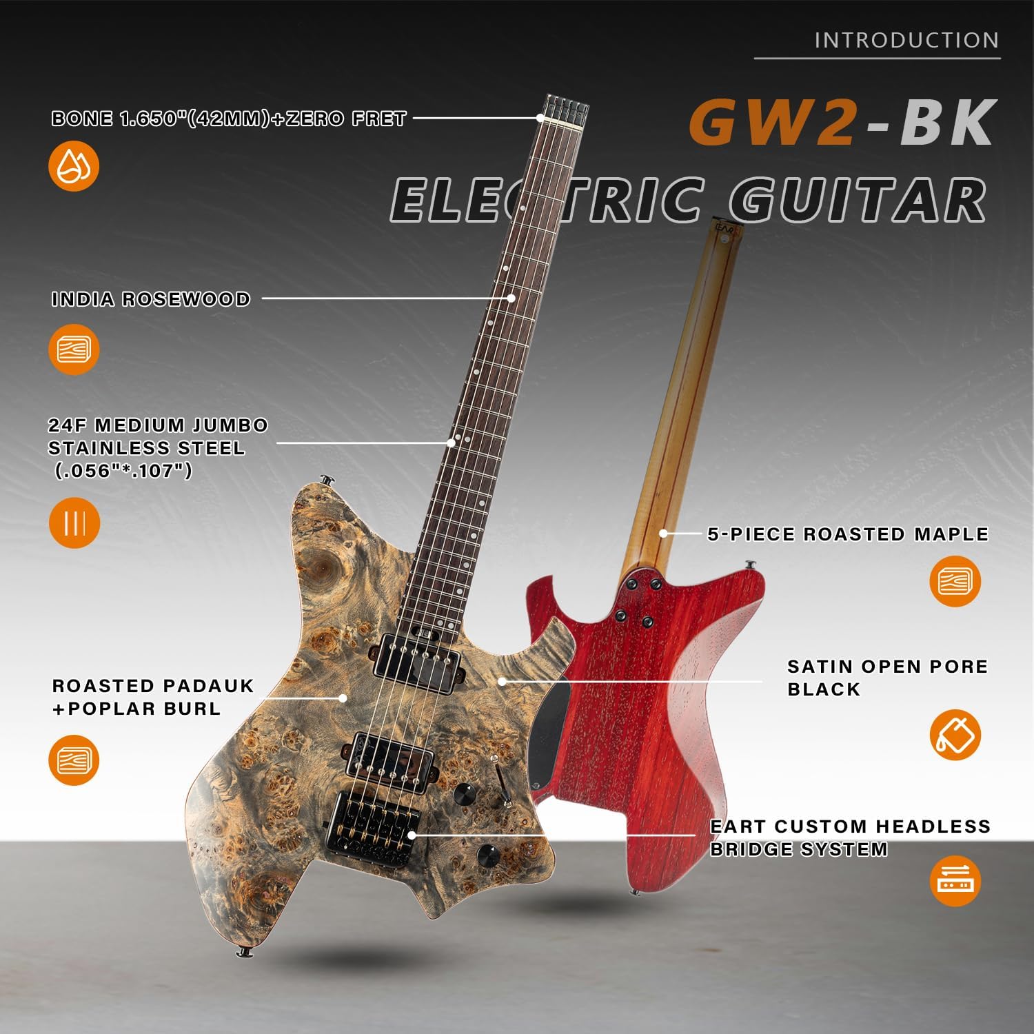 EART GW2 Solid body Headless Electric Guitar, 25.5 inch Scale, Roasted Padauk Body, Rosewood Fingerboard, Black