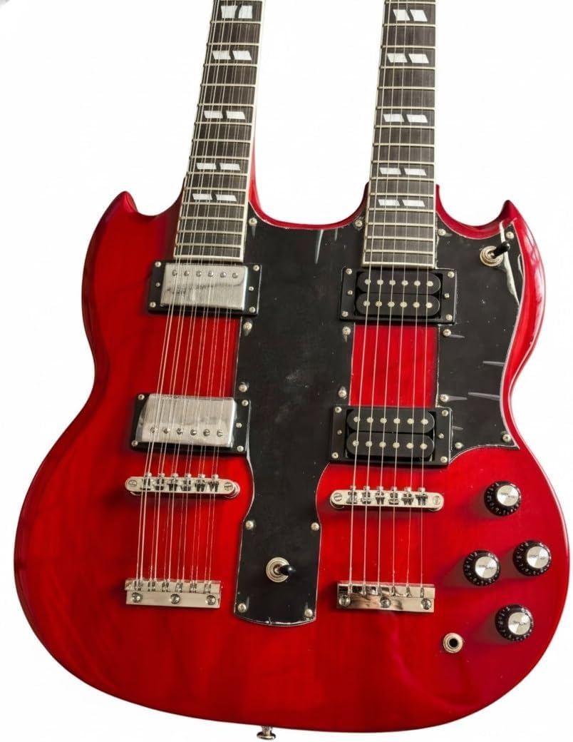 Double Neck Electric Guitar 12 String and 6 Solid Mahogany Body Rosewood Fretboard Trans Red