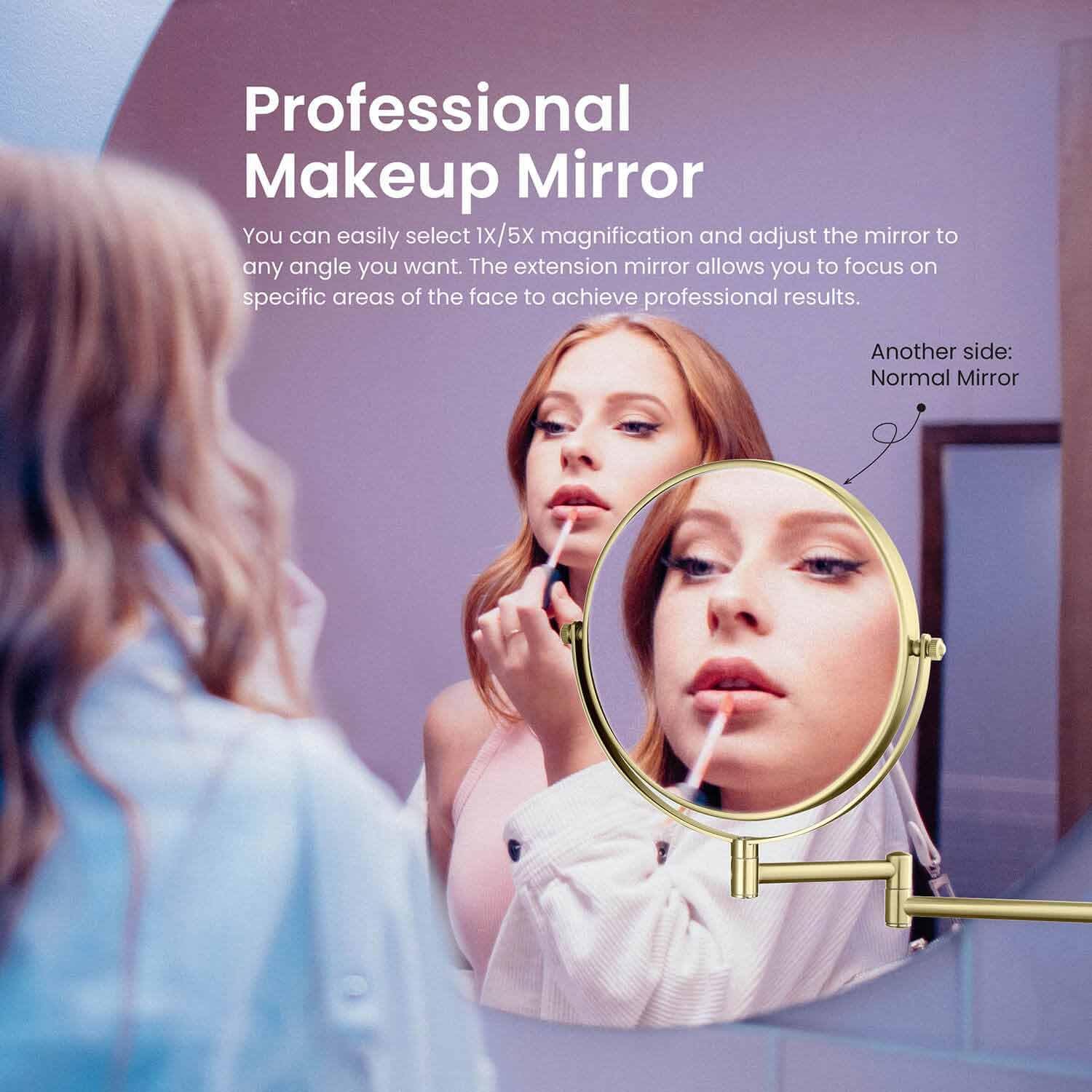KIBI Circular Wall Mount Makeup Mirror, Dual-Sided 1x/5x Magnifying Mirror with Extendable Arm, 360° Swivel, Solid Brass Construction for Durability and Style (Brushed Gold, KMM100)