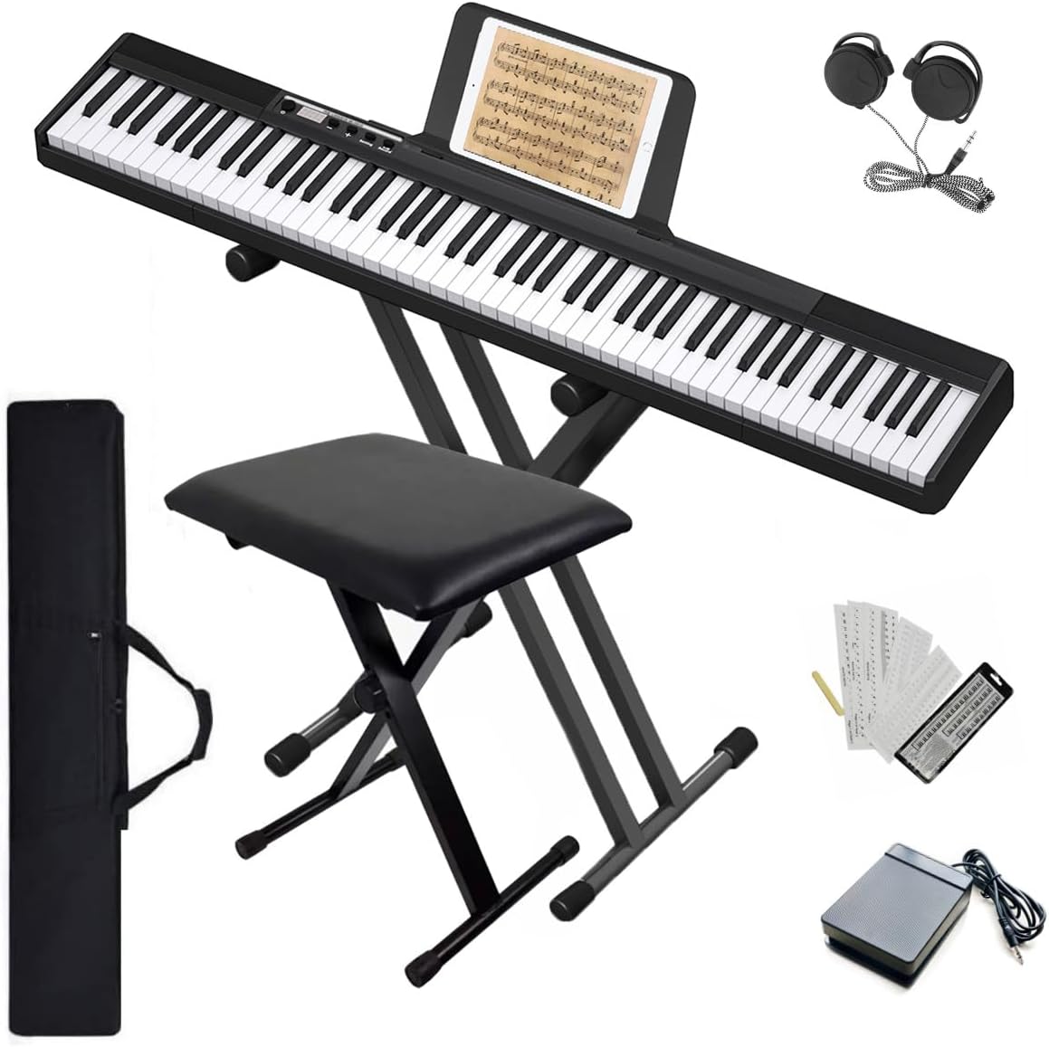 Longeye Piano Keyboard 88 Keys Set, Portable Digital Piano with Double-X Stand, Adjustable Keyboard Bench, Carrying Case, Sustain Pedal, Key Stickers, Music Rest, Headphones Black