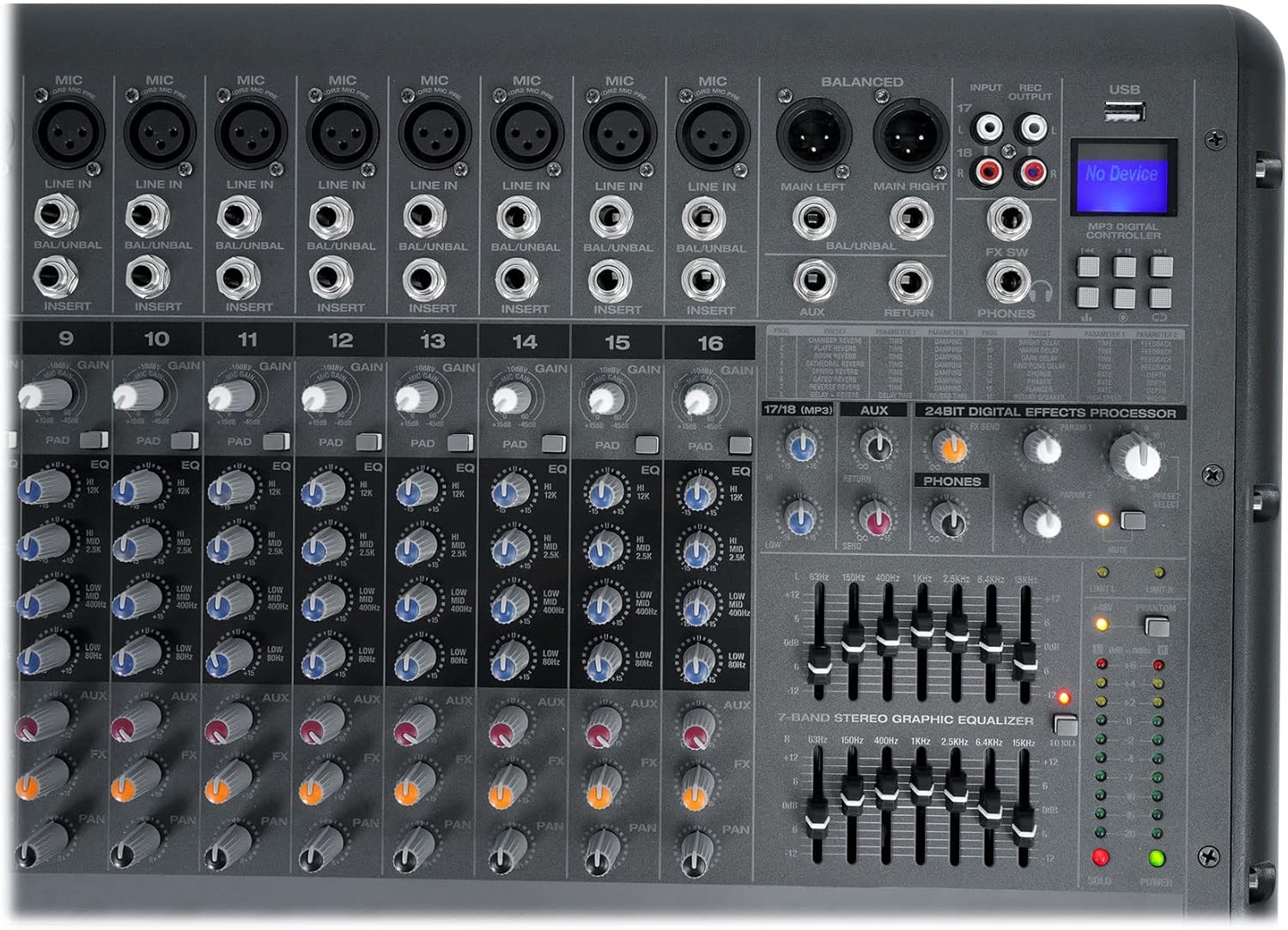 Rockville RPM1870 6000W Powered Mixer 18-Channel, USB/Bluetooth, 18 XDR2 Mic Preamps, 24-Bit Effects, Dual 7-Band EQ, for Live Sound and Events