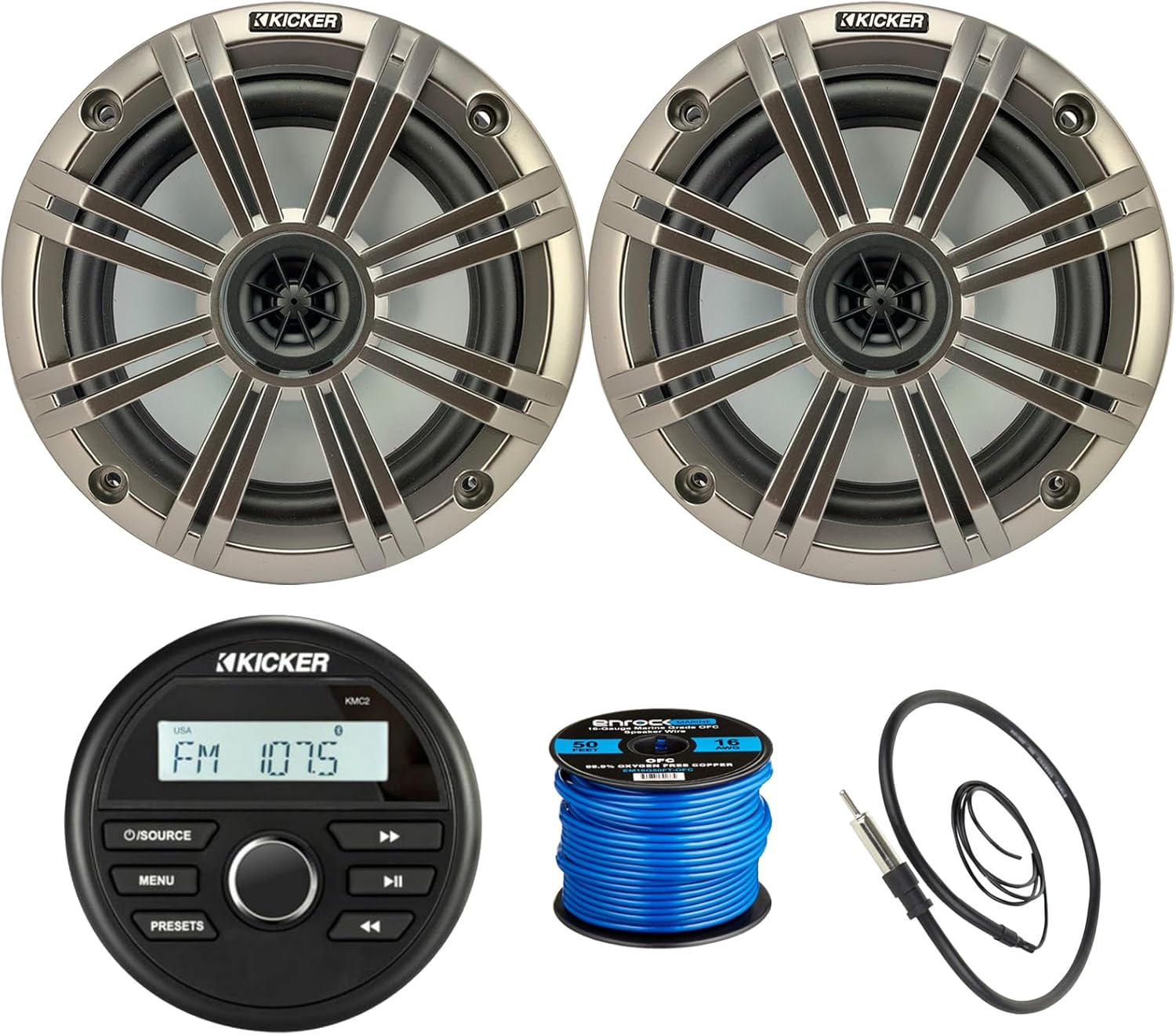 Kicker KMC2 Weather-Resistant Marine Gauge Style Bluetooth USB Receiver with 6.5