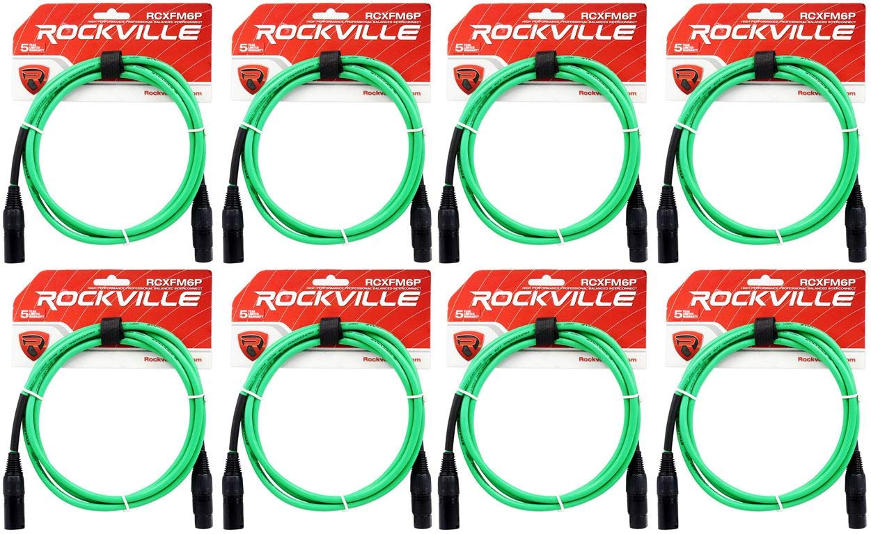 Rockville RCXFM6PG 6ft Female to Male XLR Microphone Cable in Green, REAN Connectors, 100 Percent Copper Conductors, for Studio and Live Sound, 8-Piece