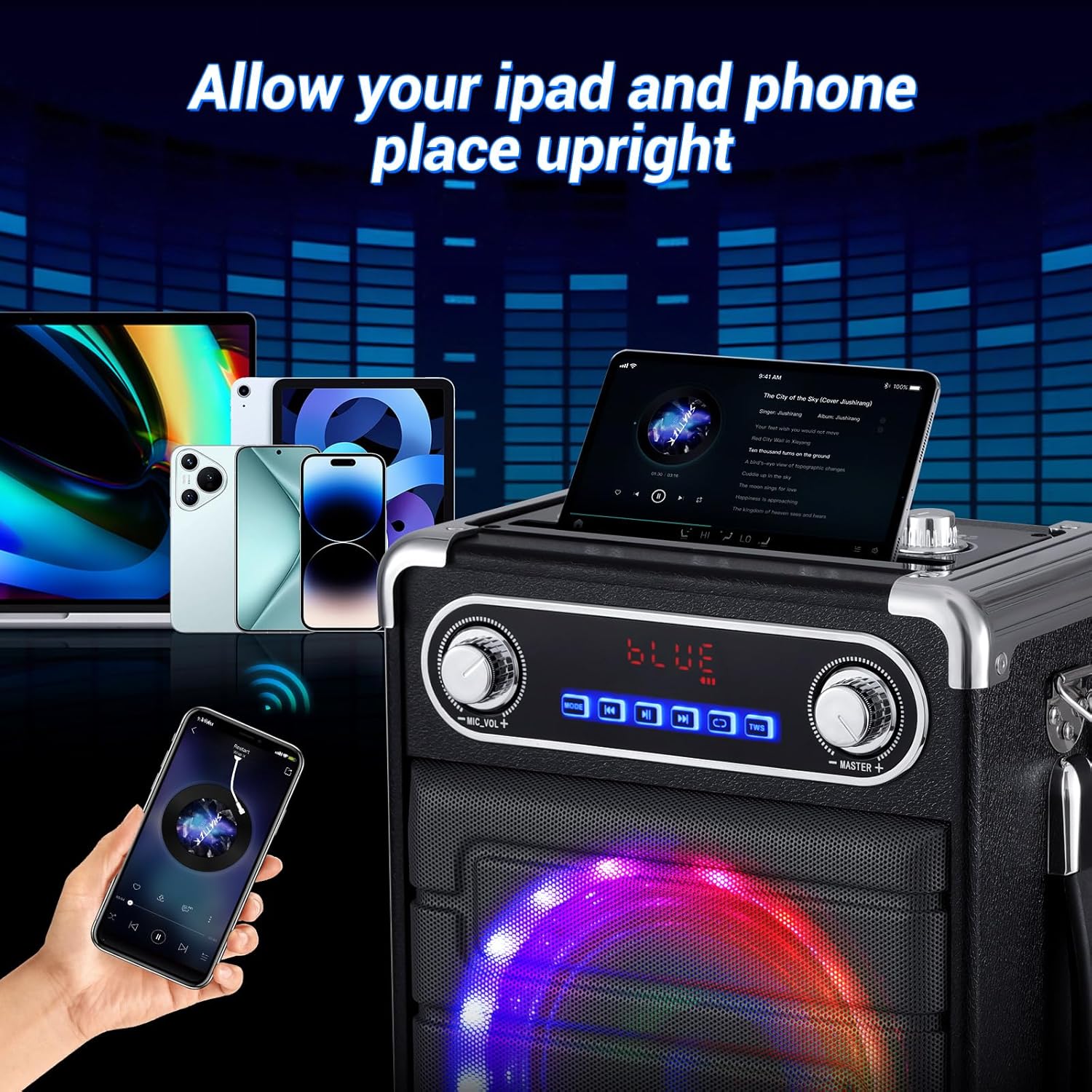 60W Karaoke Machine for Adults Kids, Portable Bluetooth Speaker with Bass/Treble Adjustment, Shoulder Strap, Remote Control, 2 Microphones, LED Lights, PA System Support TF/USB/AUX, TWS, Guitar