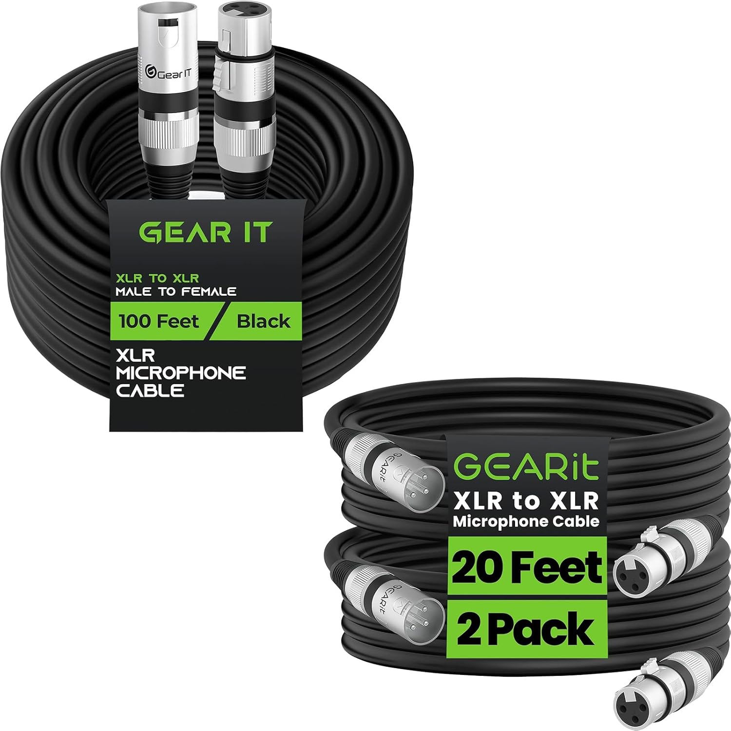 GEARit XLR Male to Female Microphone Cable (100 Feet, 1 Pack) Bundle (20 Feet, 2-Pack), 3-Pin Balanced Shielded Mixer, Recording Studio, Podcast