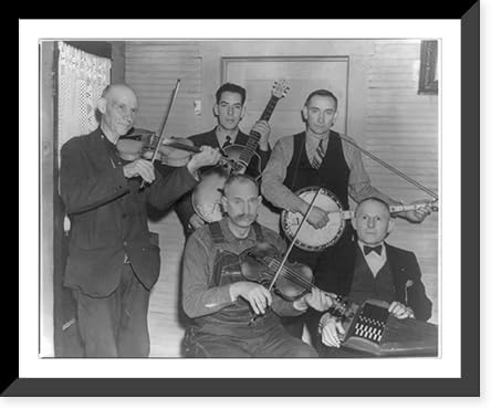 Historic Framed Print, [Members of the Bog Trotters Band, posed holding their instruments, Galax, Va. Back row: Uncle Alex Dunford, fiddle; Fields Ward, guitar; Wade Ward, banjo. Front row: Crockett Ward, fiddle; Doc Davis, autoharp], 17-7/8
