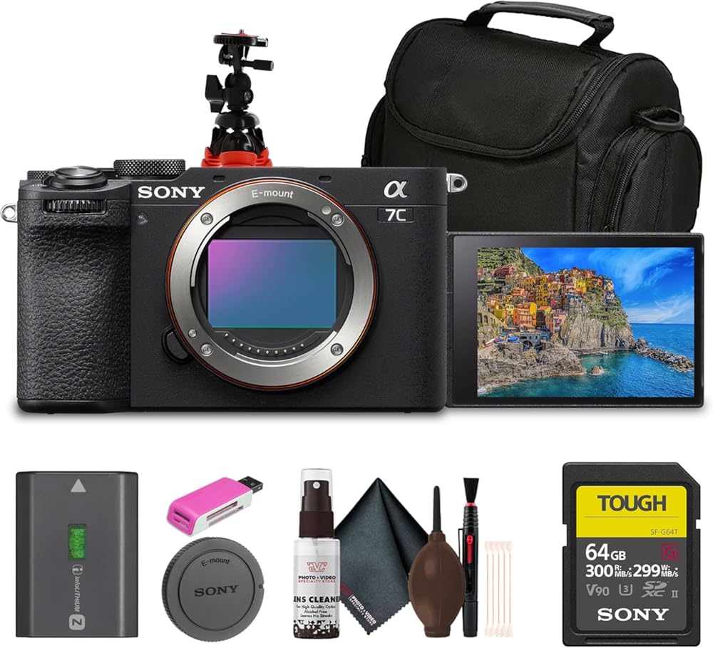 Sony Alpha 7C II Mirrorless Full-Frame Interchangeable Lens Camera (ILCE-7CM2/B) + 64GB SF-G Tough Card + Bag + Card Reader + Flex Tripod + Cleaning Kit