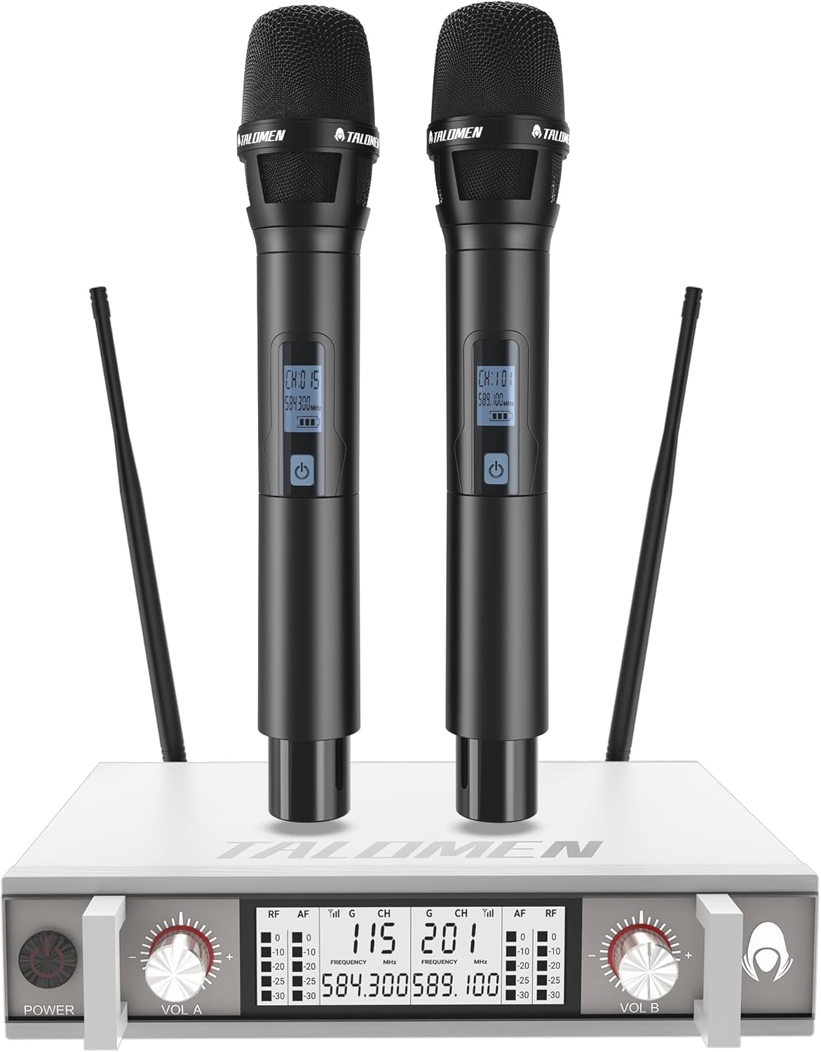 Wireless Microphone System, Metal UHF Handheld Microphones Cordless Dynamic Mic Set, Auto Scan, 393ft Long Range, Dual Channel Receiver, Use for Singing, Karaoke, Party, DJ, Church, K120 White