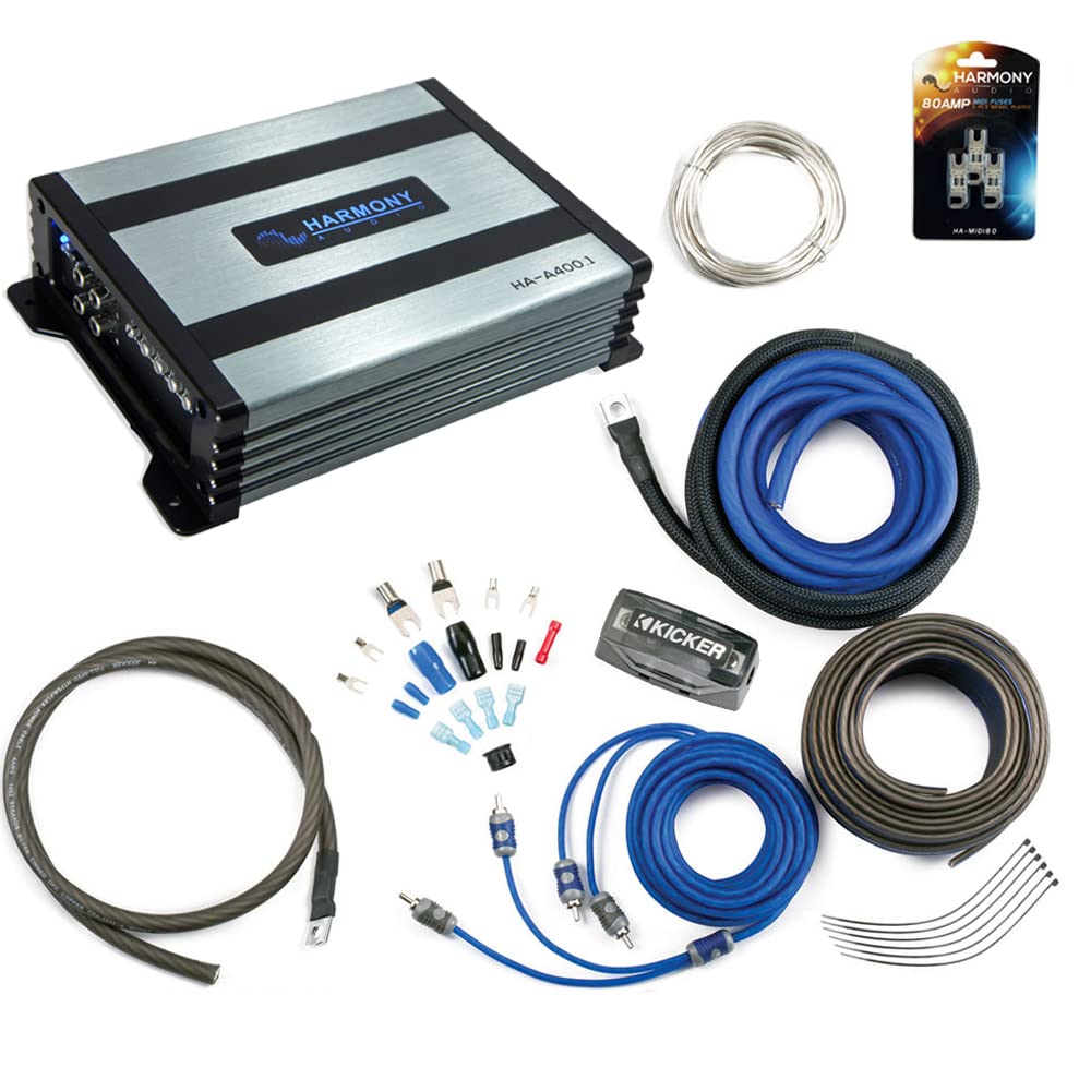 Kicker Bundle with Harmony Audio HA-A400.1 Class D Mono Amplifier and CK8 8 Guage Amplifier Wiring Accessory Kit